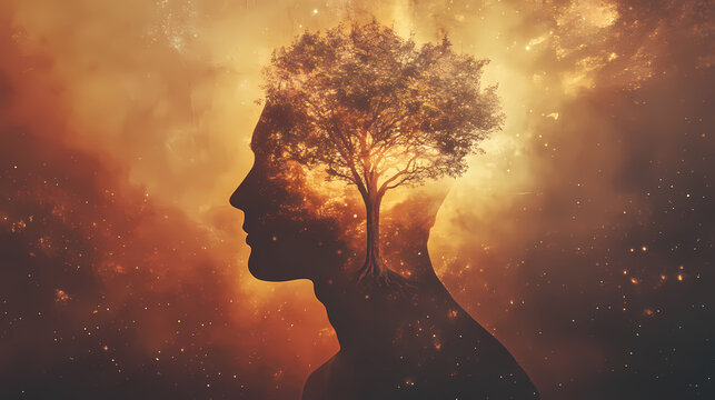 Conceptual art of a tree growing from within a human figure representing growth, healing, and connection to nature. Rooted Energy. Illustration