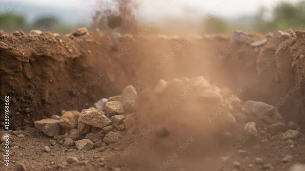 Poster several stones are falling on a pile of dirt and rocks, creating a dust cloud that slowly dissipates