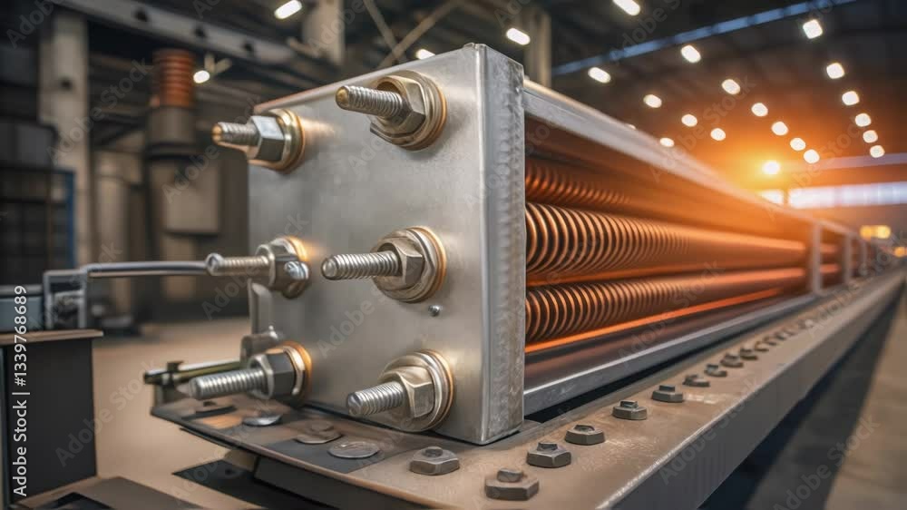 Poster Close up view of a heat exchanger showcasing copper coils within a metal frame, attached with bolts and nuts, positioned in a factory environment with ambient light