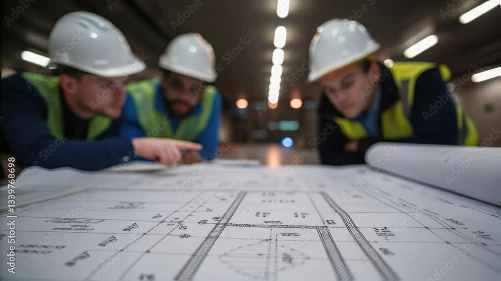 Leinwandbilder three engineers wearing safety helmets and vests are examining a blueprint in an underground facilit