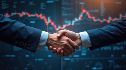 business handshake with a digital overlay of a stocks charts