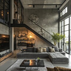 Modern industrial style apartment living room with architectural elements