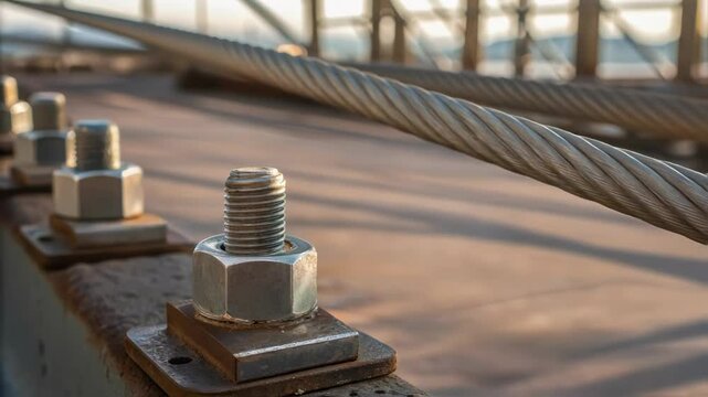 Bright sunlight highlighting intricate steel bolts and washers securing braided steel cables to robust metal beam, showcasing industrial engineering precision and structural connection