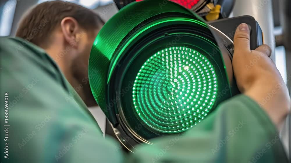 Poster professional technician in green uniform meticulously installing and adjusting a bright green traffi
