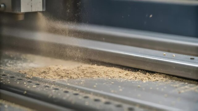 Precision cnc milling machine systematically removing excess material from metal workpiece, generating fine metallic shavings across industrial manufacturing work surface