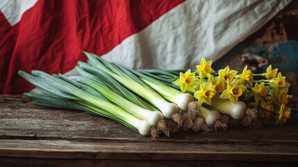 St. david's day celebration with welsh leeks and daffodils arrangement
