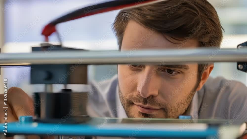 Poster Focused technician monitors a 3d printer creating an object, carefully observing each stage of the printing process in a modern laboratory setting