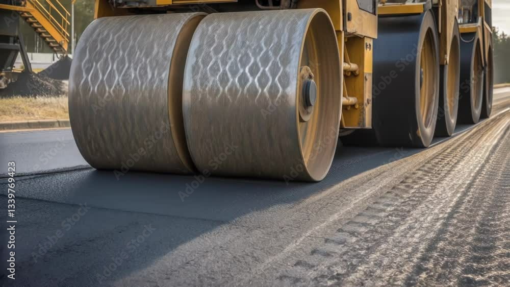 Aufkleber heavy machinery compacts new asphalt layer on a road construction site, creating a smooth and even s