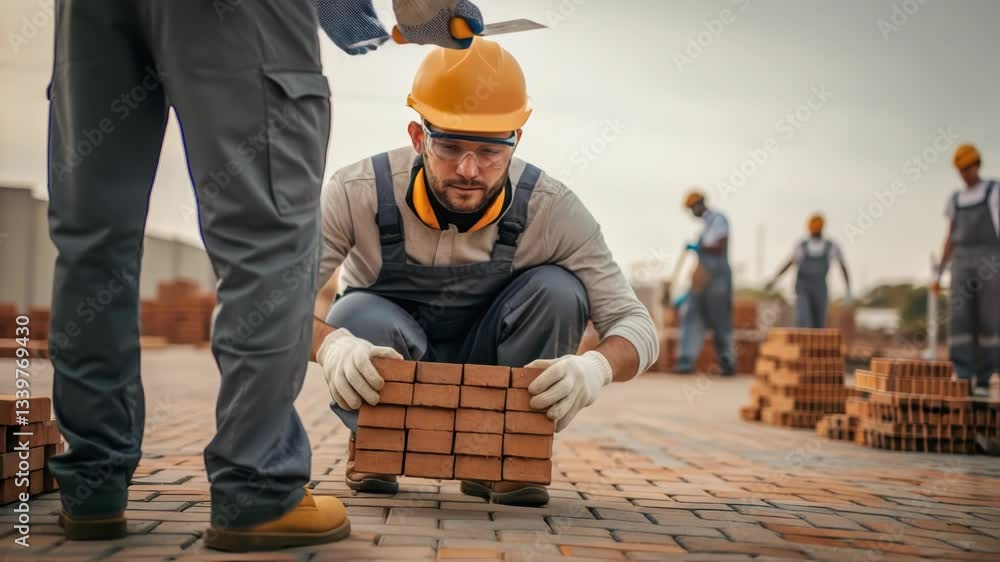 Poster professional builder carefully placing bricks on a construction site, showcasing precision and skill
