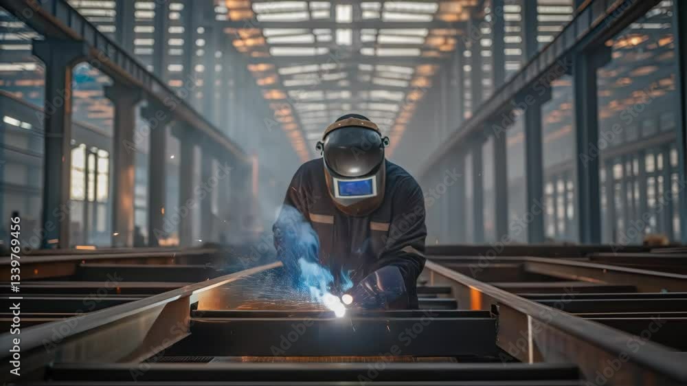 Poster professional welder wearing protective gear operates welding torch, creating sparks and smoke while 