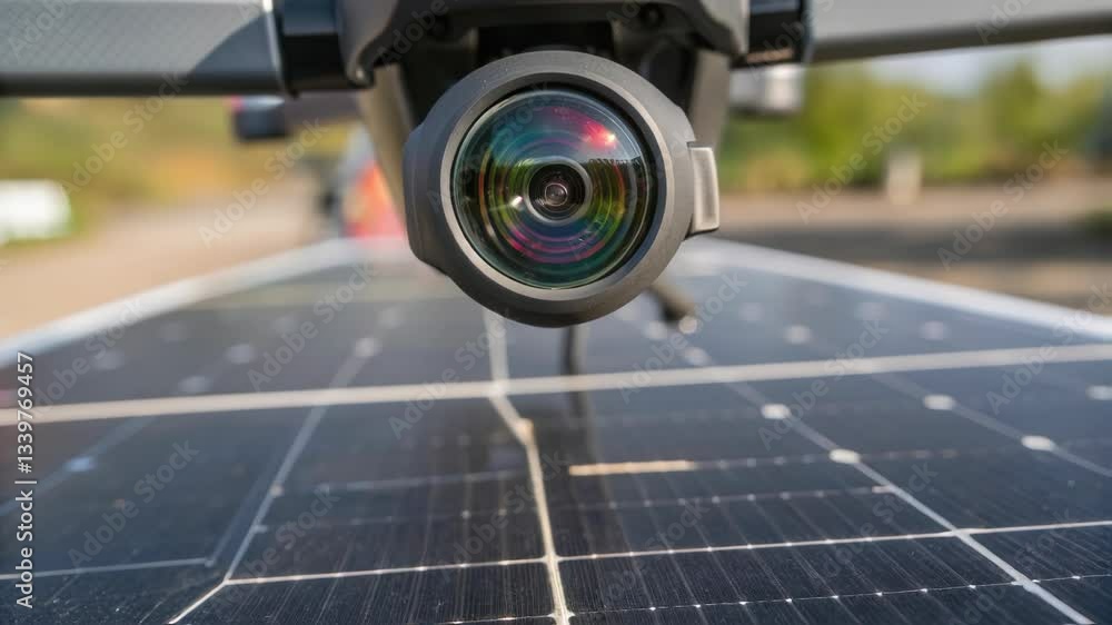Aufkleber Unmanned drone hovering above photovoltaic panels, systematically scanning solar farm infrastructure for performance evaluation and detailed condition monitoring