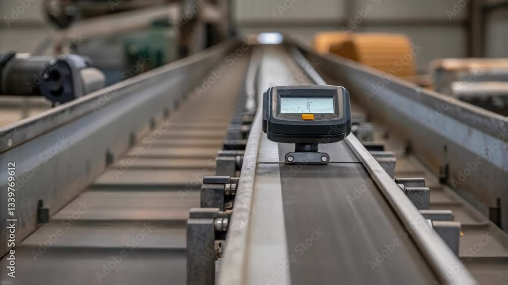 Poster weight sensor device sliding along conveyor belt, performing precise quality control measurements in