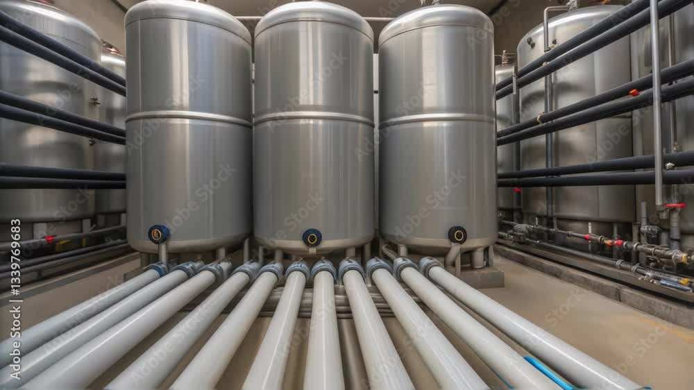 Poster intricate metal pipeline network and massive storage tanks working together for advanced water purif