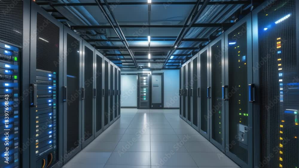Poster Working server racks with blinking lights changing status in a modern data center create a technological atmosphere, ensuring high speed data processing and storage