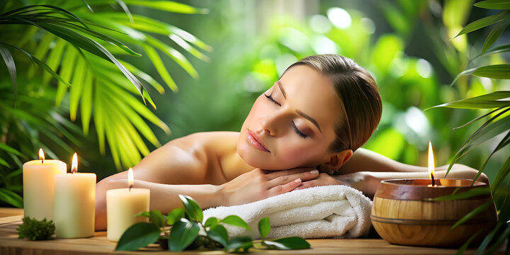 A woman relaxes in a tranquil spa environment, eyes closed, surrounded by soothing greenery, embracing serenity and calmness