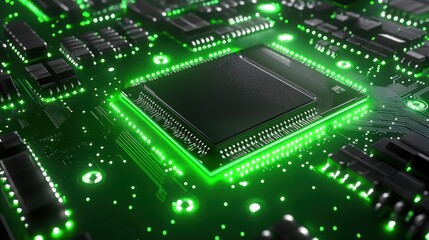 Obraz premium Glowing Green Circuit Board: High-Tech Microchip Closeup