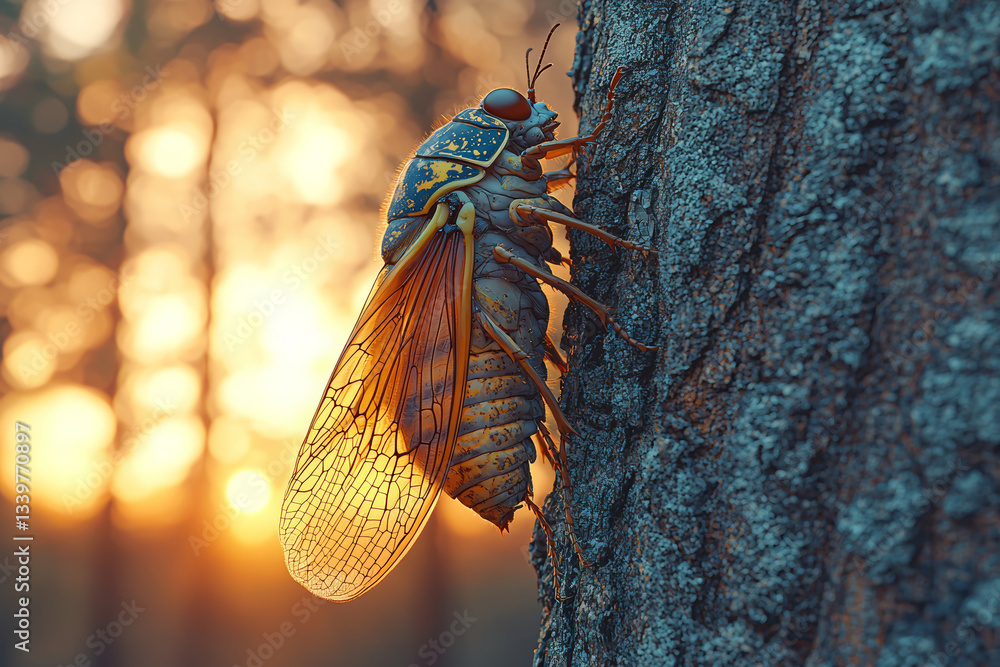 Poster a cicada emerging from its exoskeleton on a tree trunk at dawn. concept of metamorphic rebirth and i