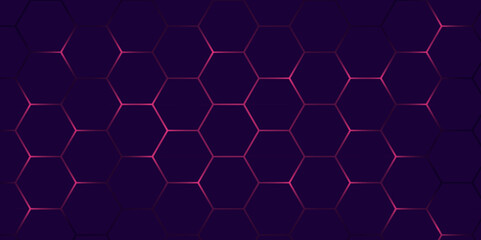 Futuristic Hexagonal Grid Pattern Background. Dark Purple Honeycomb Texture with Glowing Edges. Hexagon. Vector.