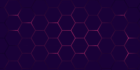 Futuristic Hexagonal Grid Pattern Background. Dark Purple Honeycomb Texture with Glowing Edges. Hexagon. Vector.