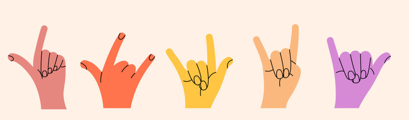 Fototapeta premium Set of hand gestures in various positions. Colorful trendy vector illustration. Index, middle, ring, little fingers and thumb