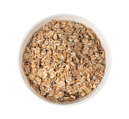 Spelt flakes isolated, dry raw rolled flat oat grains, wheat, oatmeal or bran, barley rye cereals