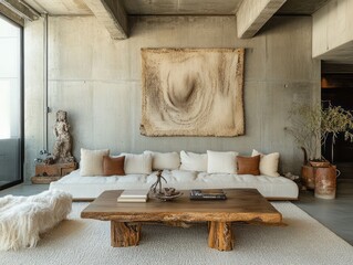 A modern living room featuring organic decor and comfortable seating