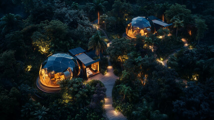 A futuristic glamping site seen from above, high-tech dome tents glowing softly. 