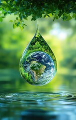 Earth inside a water drop, hanging from a tree branch over calm water; lush greenery surrounds the water drop and the earth; vibrant green and light teal colors; soft lighting; environmental theme