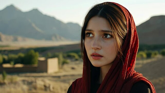 Young woman wearing a red scarf stands in front of a picturesque landscape at golden hour near mountains