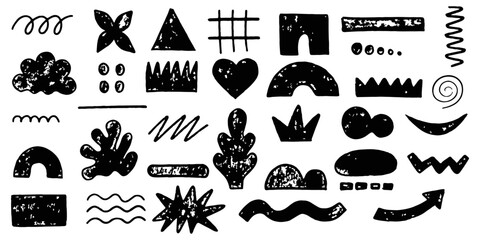 Fototapeta premium Hand drawn arrow scribble crayon set. Squiggle, scratch doodle kid arrow star set. Crayon scratch texture shape children kid naive. Vector illustration