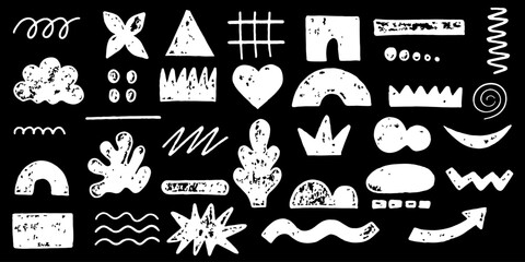 Hand drawn arrow scribble crayon set. Squiggle, scratch doodle kid arrow star set. Crayon scratch texture shape children kid naive. Vector illustration