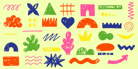 Hand drawn arrow scribble crayon set. Squiggle, scratch doodle kid arrow star set. Crayon scratch texture shape children kid naive. Vector illustration