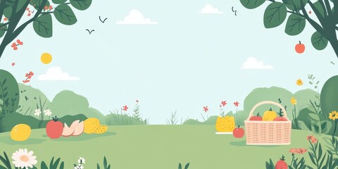 A picturesque scene of a garden with fruits and a basket