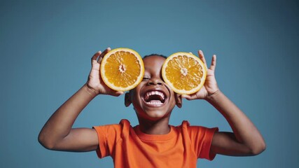 Child plays with citrus slices, creating playful visual comedy during studio photoshoot. Vibrant orange shirt and blue background highlight joyful expression.