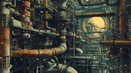 Sprawling industrial complex with interconnected pipe systems. Sprawling Tunnels. Illustration