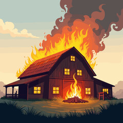 Burning barn surrounded by flames and smoke, destructive chaos