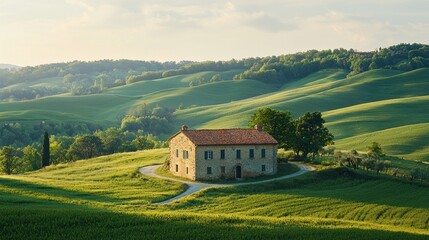 Tuscan Farmhouse Sunrise on Rolling Hills