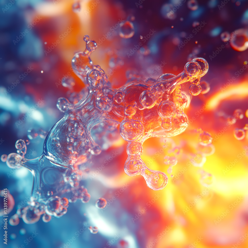 Poster Abstract digital illustration of translucent bubbles connected to form an organic liquid structure floating in an abstract space. The color palette combines cool blue and warm orange-yellow