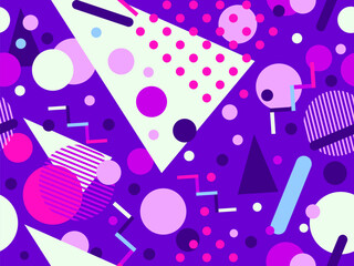 Fototapeta premium Geometric seamless pattern with memphis elements in 80s style. Colorful geometric pattern. Design of promotional products, wrapping paper and printing. Vector illustration