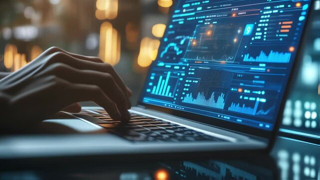 Businessman working late at night analyzing financial data on a laptop, with constantly updating charts and graphs displayed on the screen, in a dimly lit office environment