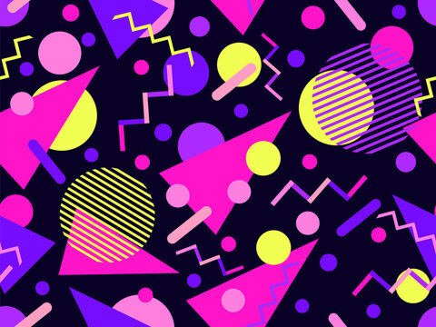 Geometric seamless pattern with memphis elements in 80s style. Colorful geometric pattern. Design of promotional products, wrapping paper and printing. Vector illustration