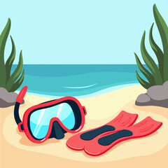 Snorkeling gear on beach sand, inviting underwater adventure