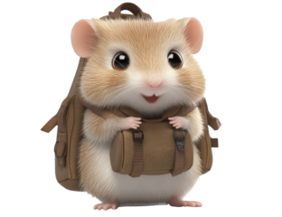 Happy hamster with backpack ready for an adventure  on transported background	