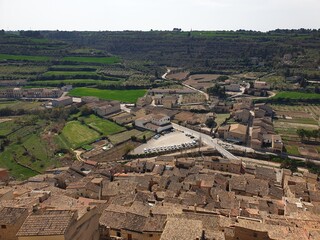 View from top of Guimera medieval town in Catalonia, roofs of medieval village