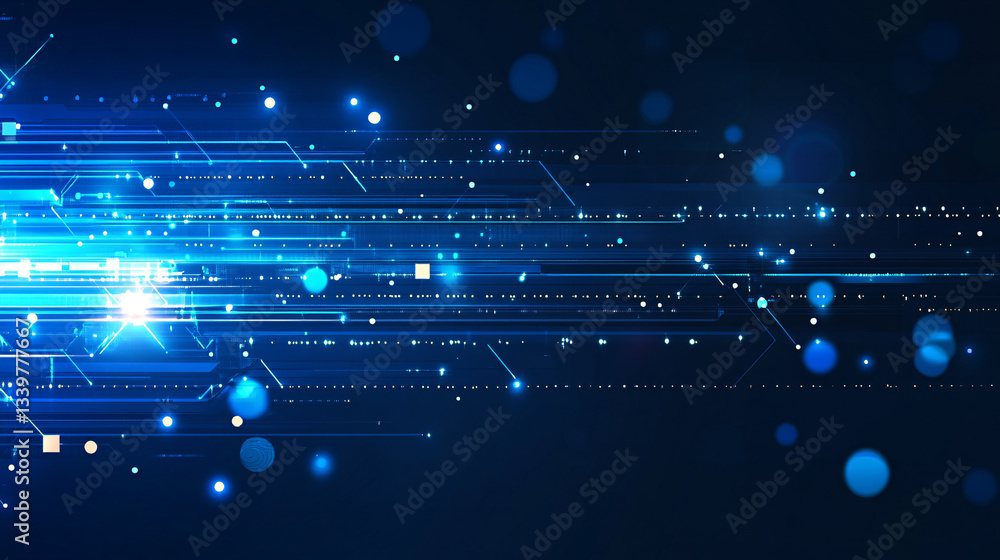 Poster a futuristic digital background with flowing blue data streams and glowing light particles represent