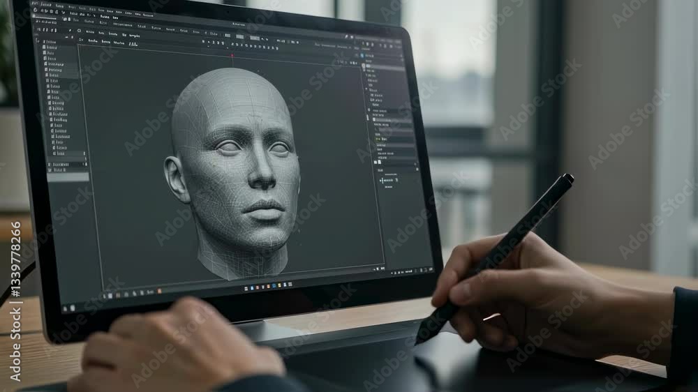 Poster man creates 3d head model using graphics tablet and pen. digital sculpting and virtual reality foota