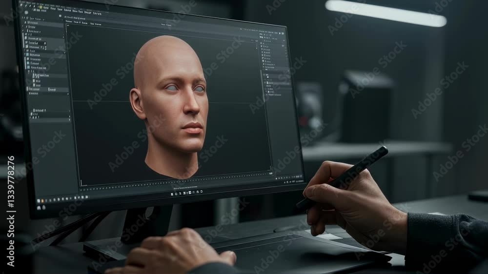 Poster caucasian man creating 3d model on computer using graphic tablet video footage. digital artist sculp