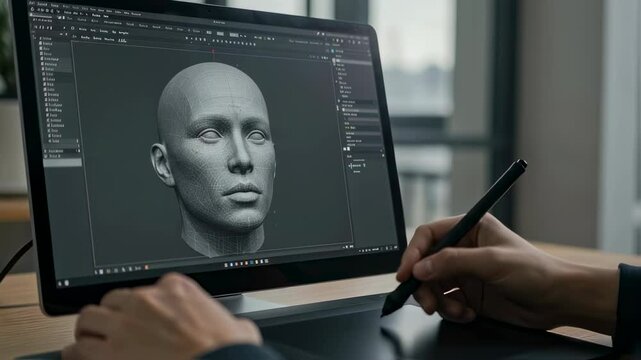 Man creates 3d head model using graphics tablet and pen. Digital sculpting and virtual reality footage. 3d artist at work. Creative process and innovation motion picture.