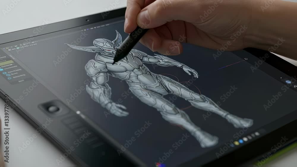 Poster Man Drawing Sci-Fi Character on Tablet with Stylus. Digital Art Creation Motion Picture. Designer Using Technology Device. Futuristic Concept Stock Video.