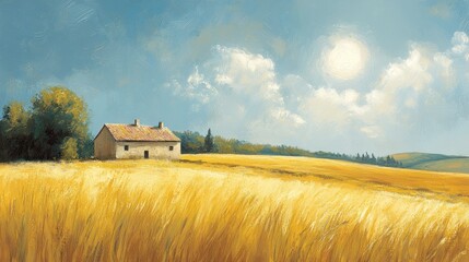 Rustic Farmhouse in Golden Wheat Field, Sunny Landscape